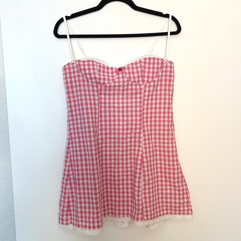 Hot Pink Gingham 6 Sweetheart bustier Picnic Lace Trim Girly Mini Dress Coquette